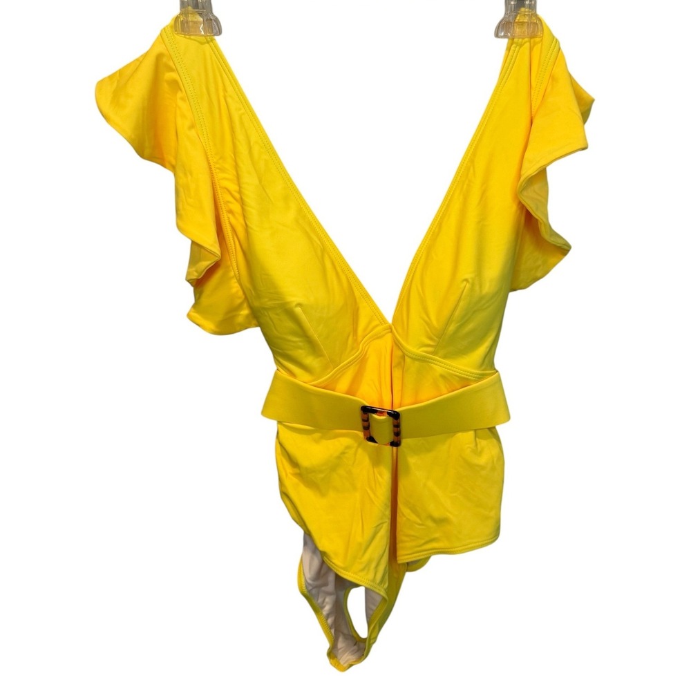 Avanova Yellow Ruffle Belted One Piece Swimsuit V-Neck Tortoise Buckle L NEW